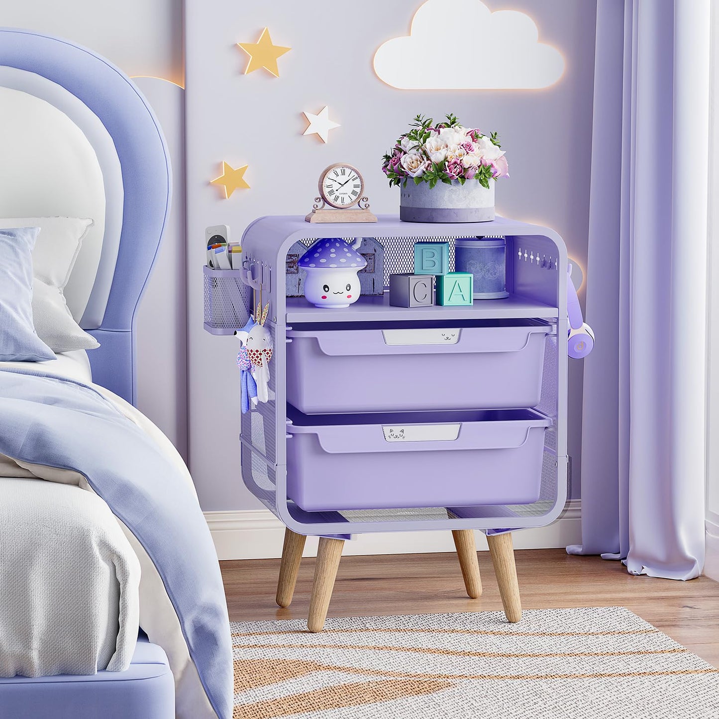 SYKIARIOL Kids Nightstand Side Table, Cute Bedside Table with Storage Drawer, Night Stand for Bedroom Furniture, Small Purple Nightstand for Living Room, Dorm,Office,Purple