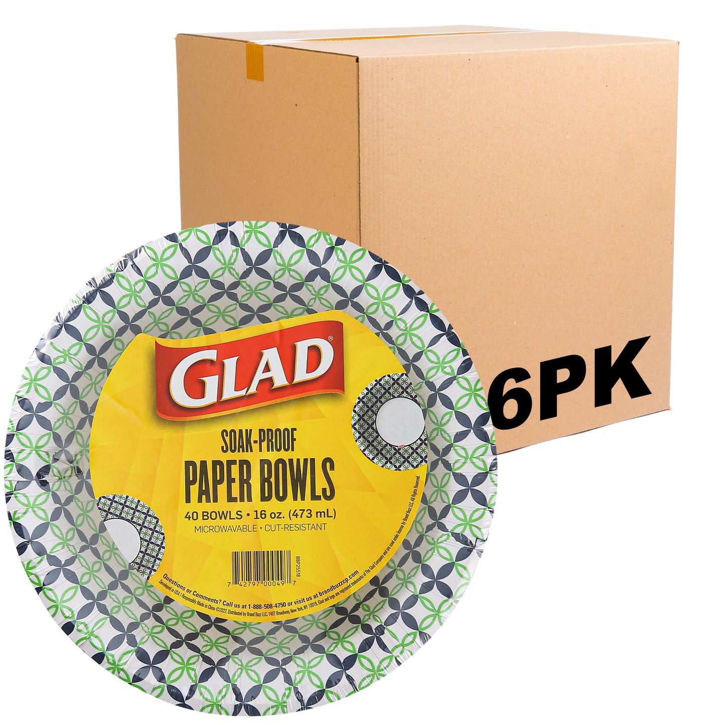 Glad Round Disposable Paper Bowls, Happy Daisies Design - Heavy Duty, Soak Proof, Cut-Resistant, Microwavable Bowl for All Foods & Daily Use, 16 Oz, 40 Count - 6 Pack