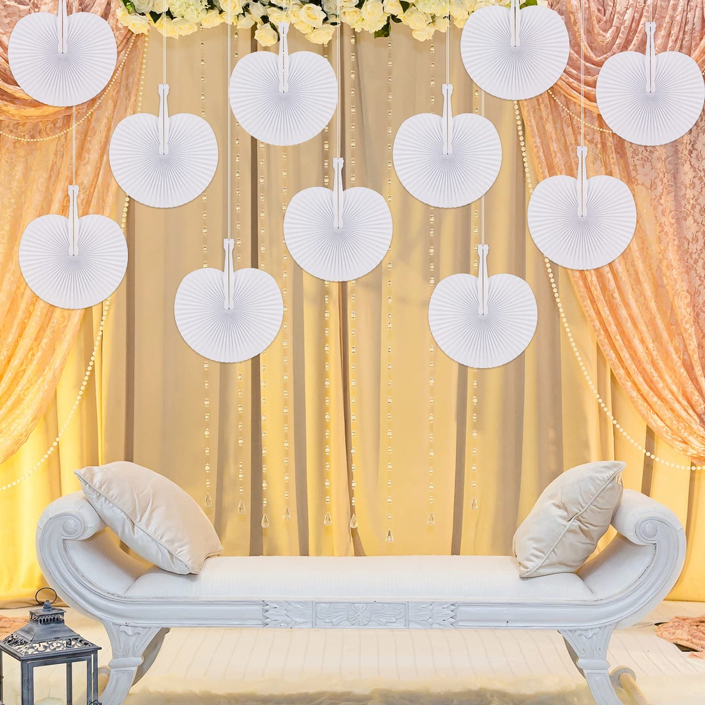 MCEAST 100 Pieces White Party Paper Fans Decorations Folding Fan Handheld Fan Round Shaped Paper Fans with Handle Hand Fans for Wedding Birthday Party Favors
