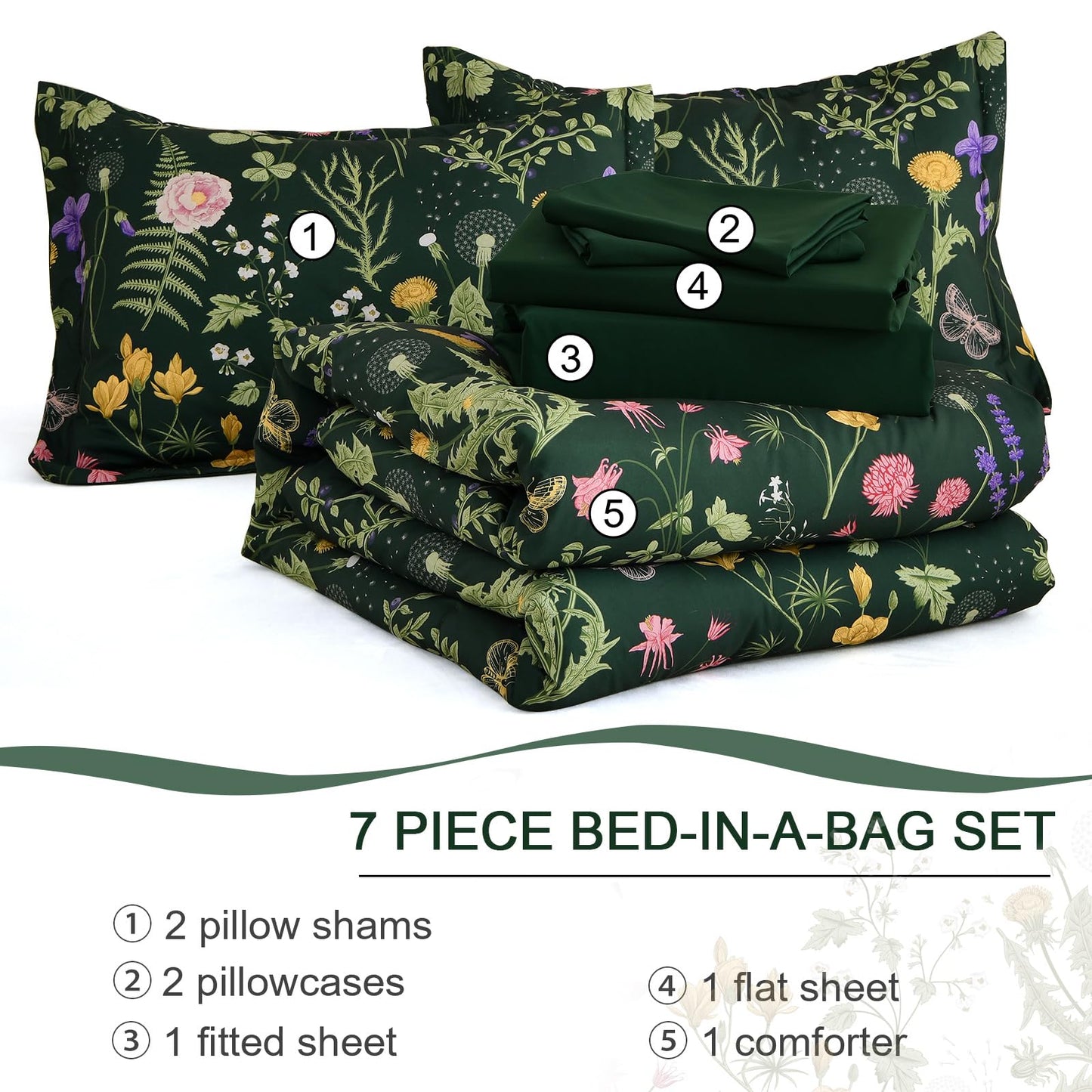 Yiran Queen Comforter Set 7 Piece, Dark Green Floral Bedding Set, Bed in a Bag Queen with Botanical Flowers Patterns, Soft Microfiber Complete Bedding Set with Sheets for All Season