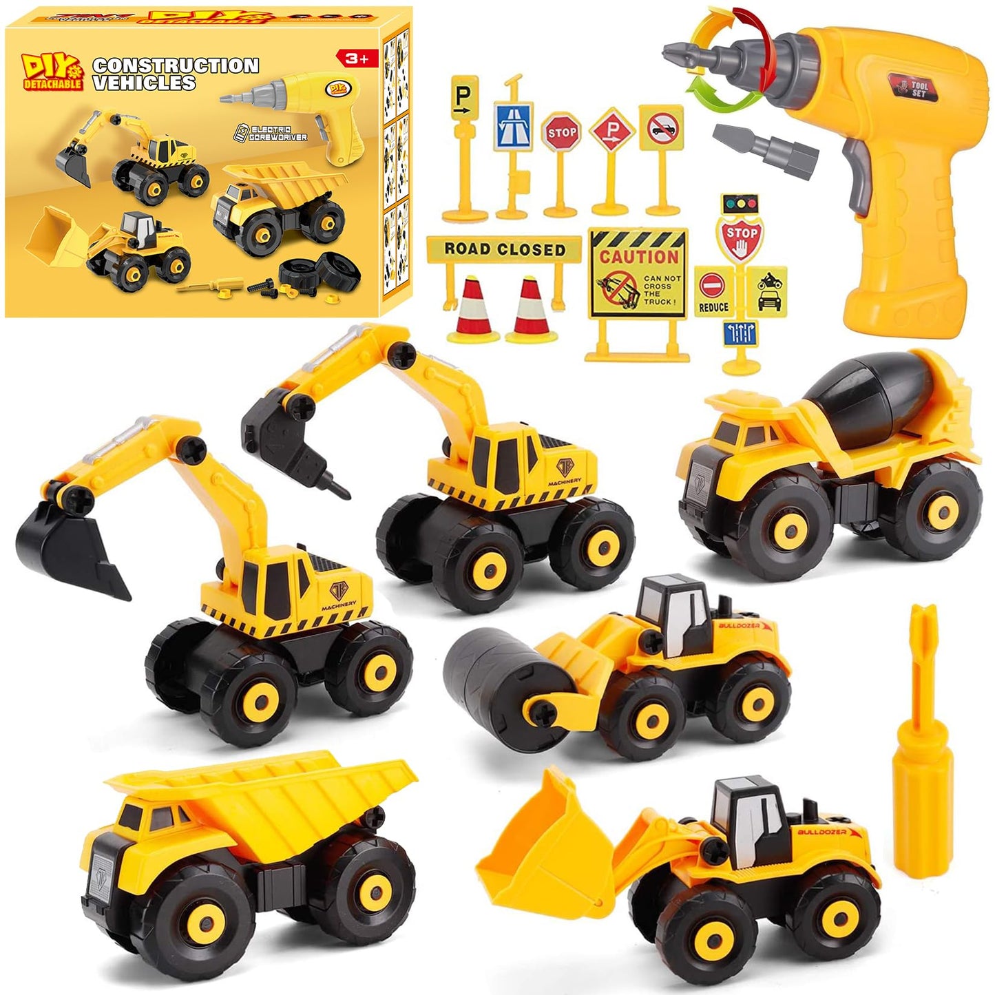 TEUVO Take Apart Truck Car Toys with Electric Drill, Construction Vehicles Building Excavator Toy STEM Trucks Vehicle Set for Kids, DIY Educational Gifts for Kids Ages 3 4 5 Boys Girls