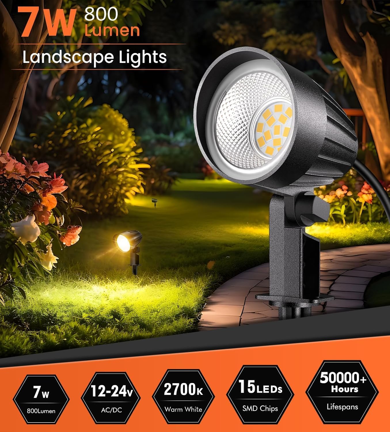 MEIKEE 7W 800lm Landscape Lighting, DC/AC 12V 24V Low Voltage Landscape Lights, 2700K Warm White IP66 Waterproof Outdoor Garden Pathway Yard Lights (8 Pack with Connectors)