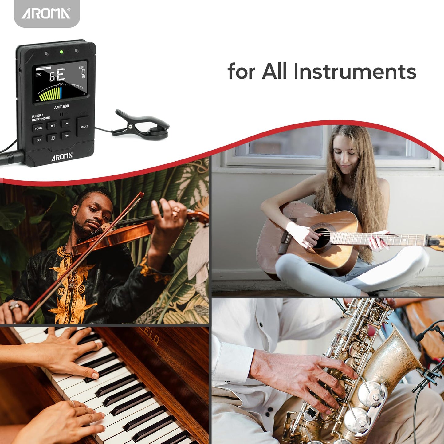 Aroma Digital Metronome Tuner Rechargeable for All Instruments with Guitar Bass Violin Ukulele Chromatic and Wind Instruments Tuning Modes