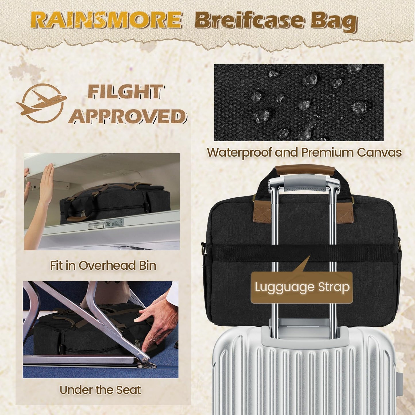 RAINSMORE Messenger Bag for Men 15.6 Inch Laptop Briefcase, Waterproof Canvas Computer Satchel Large Capacity Crossbody Shoulder Bag for Business Travel Office College