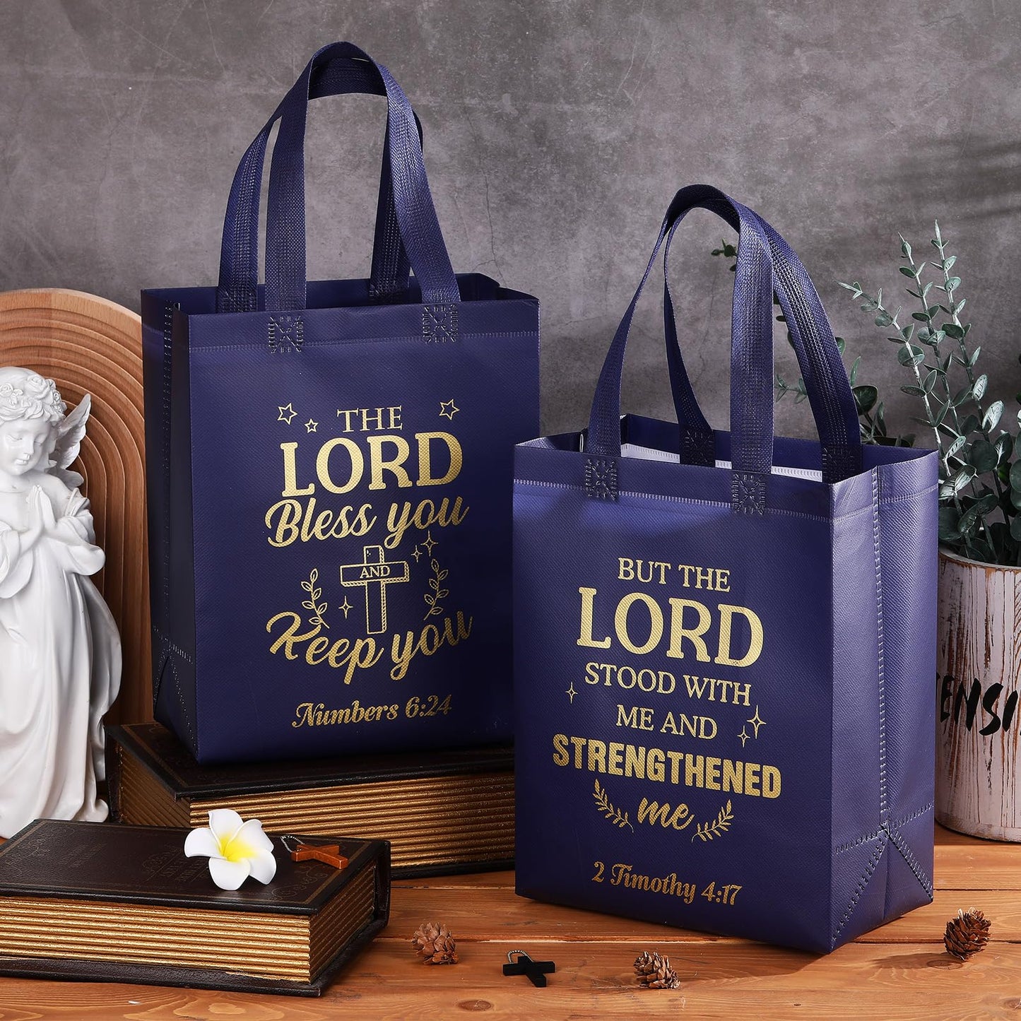 Talltalk 50 Pcs Christian Gift Bag Bulk Reusable Bible Verse Tote Religious Welcome Visitors Church Bags with Scriptures Clergy Pastor Gift for Sunday School Party Favors Christmas(Dark Blue,Medium)