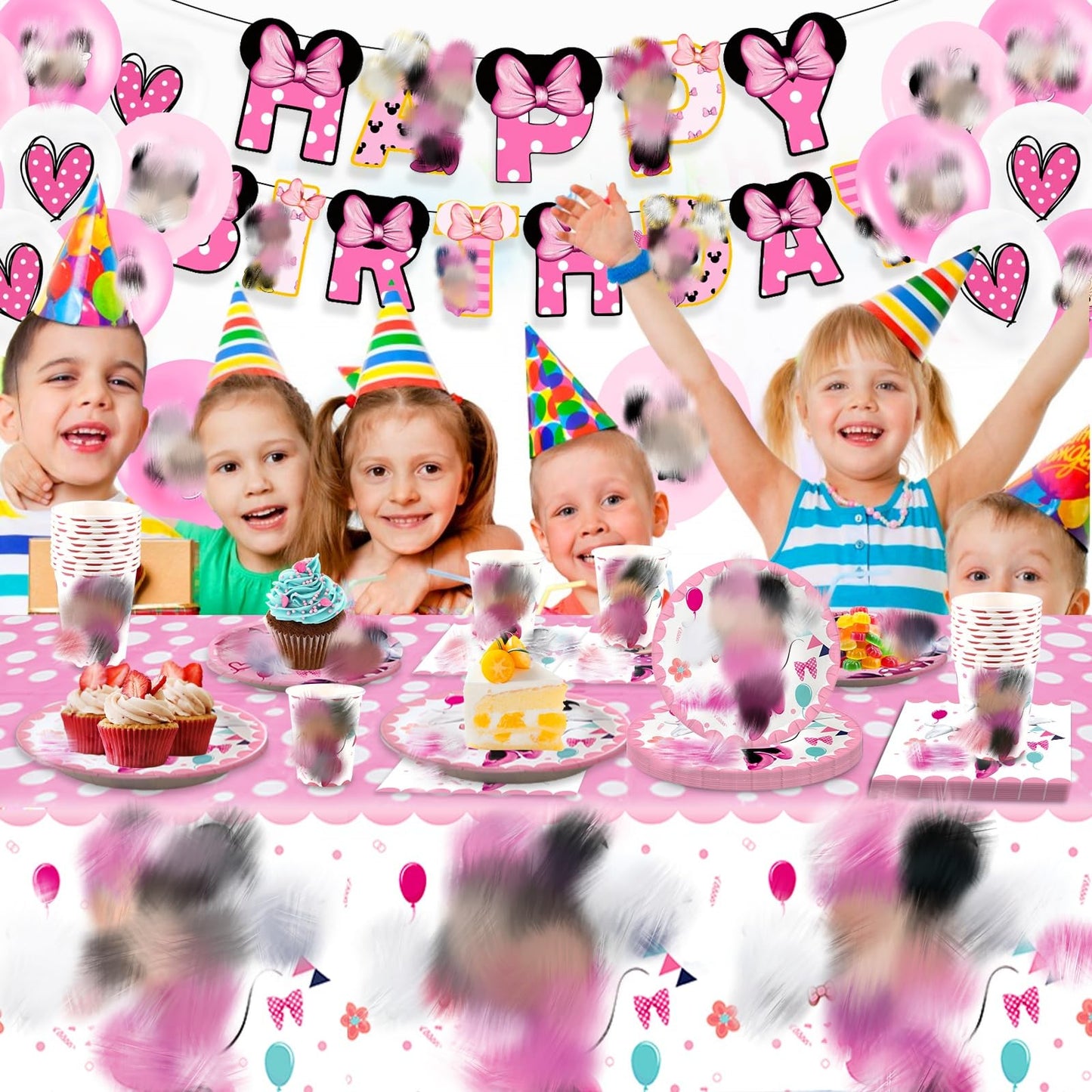 Pmn 70PCS Min Birthday Party Decorations, Cartoon Theme Party Supplies Include Birthday Banner, Balloons, Happy Birthday Plates, Tablecloth for Kids Birth day Party