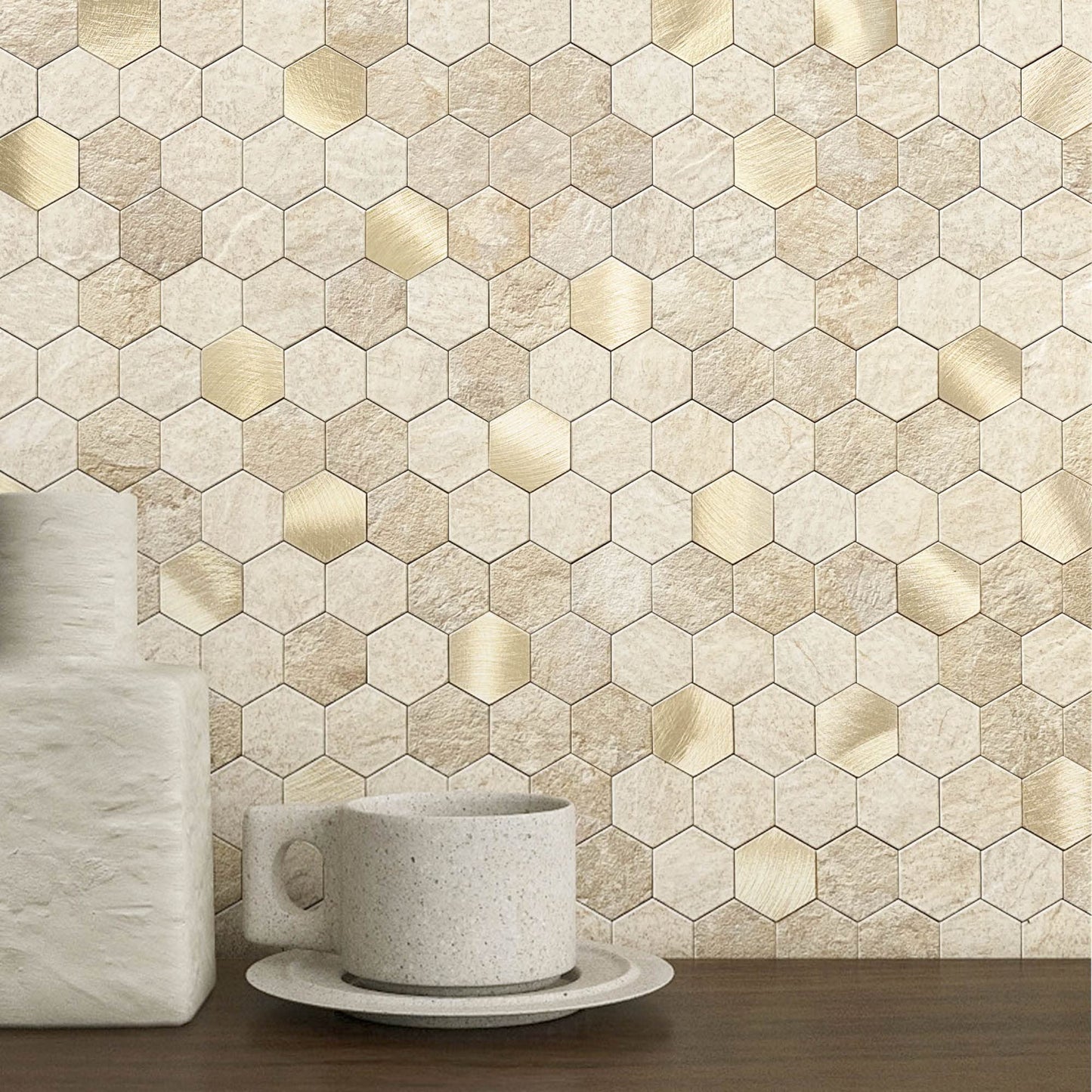 M MOFIT Hexagon Peel and Stick Backsplash Tiles Kitchen,Self-Adhesive Metal and Marble Honeycomb Peel and Stick Wall Tiles Sticker Mosaic Heat Resistant(Beige,10sheets)
