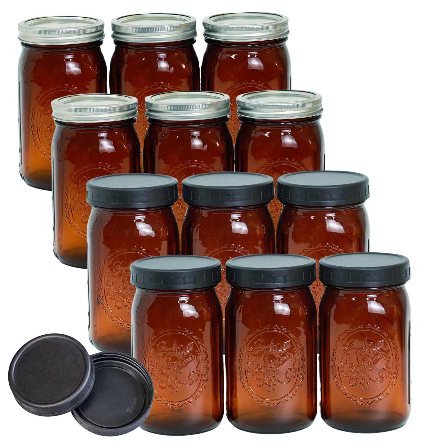 Jumterlee 12 Pack 32 oz Amber Wide Mouth Mason Jars with Lids and Bands, Glass Jars
