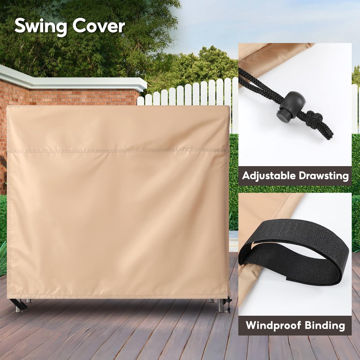 uHousDeco Outdoor 3 Triple Seater Hammock Patio Swing Chair Cover Water-Resistant All Weather Protection Beige Color