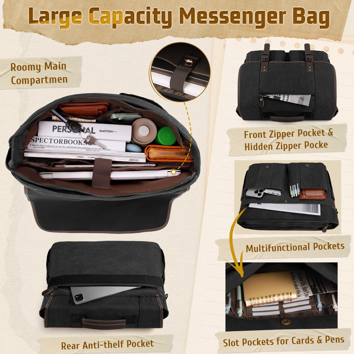 RAINSMORE Canvas Messenger Bag Men 17-17.3 Inch Laptop Bag Computer Briefcase Water Resistant Satchel Bag for Men Work Office