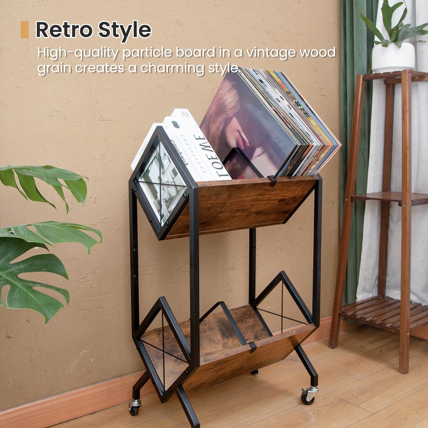 SwaaVee Vinyl Record Storage Holder, Record Holder 80-100 LP with Dividers, Retro Style Quick Assembly Vinyl Record Display for Albums, Magazine, Book, Files