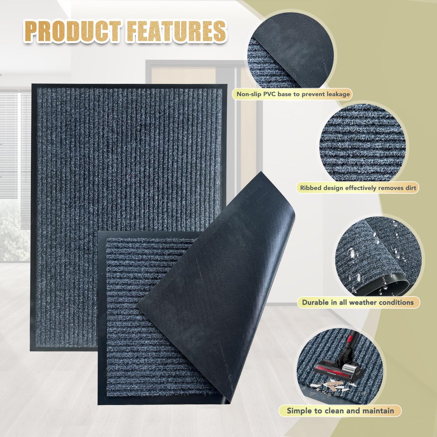 Front Door Mat,2.7'x4'Indoor Outdoor Door Mat,Heavy Duty Welcome,Commercial Floor Mats Inside Outside Entrance,Waterproof All-Season, All-Weather Non Slip Backing Doormat for Entryway,Dark Gray