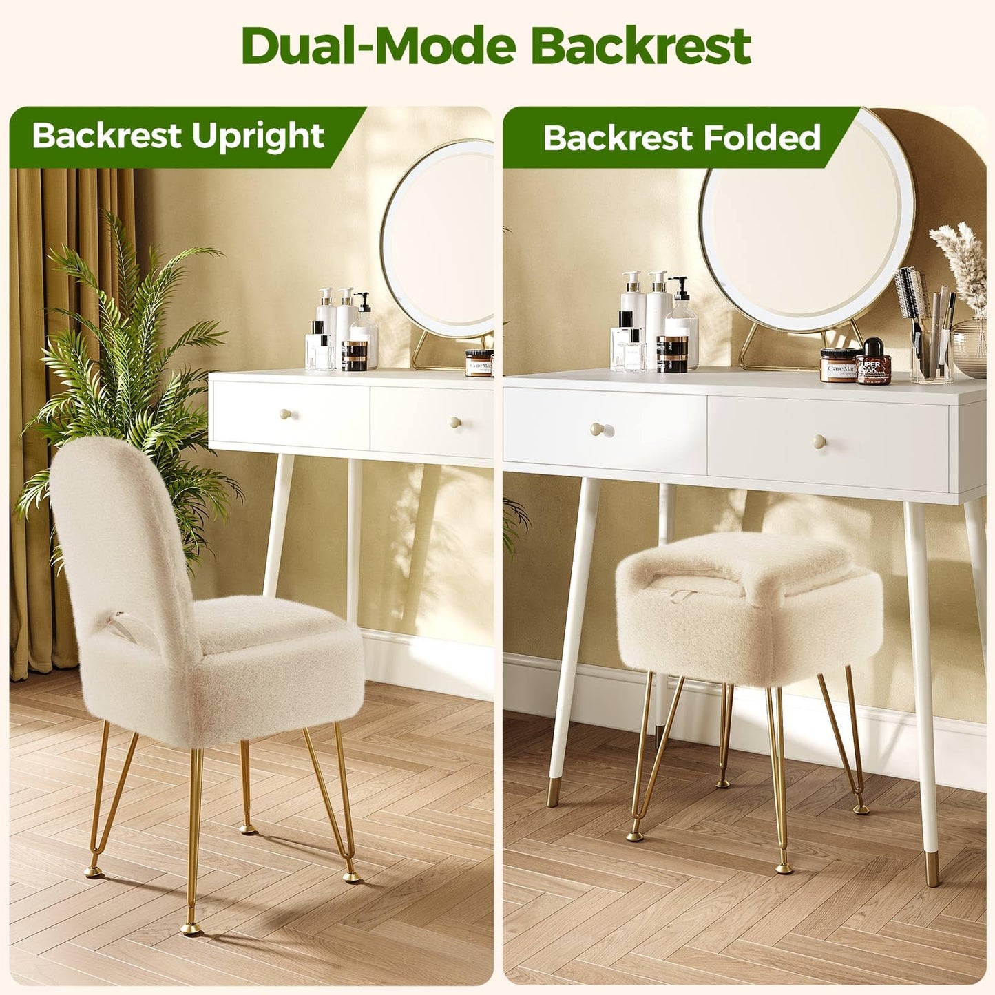 Greenstell Vanity Stool Chair with Storage and Folding Back, 13.4" L x15 W x 30.0" H Square Soft Ottoman, 4 Metal Legs with Anti-Slip Feet, Furry Padded Seat for Makeup, Bedroom, Camel