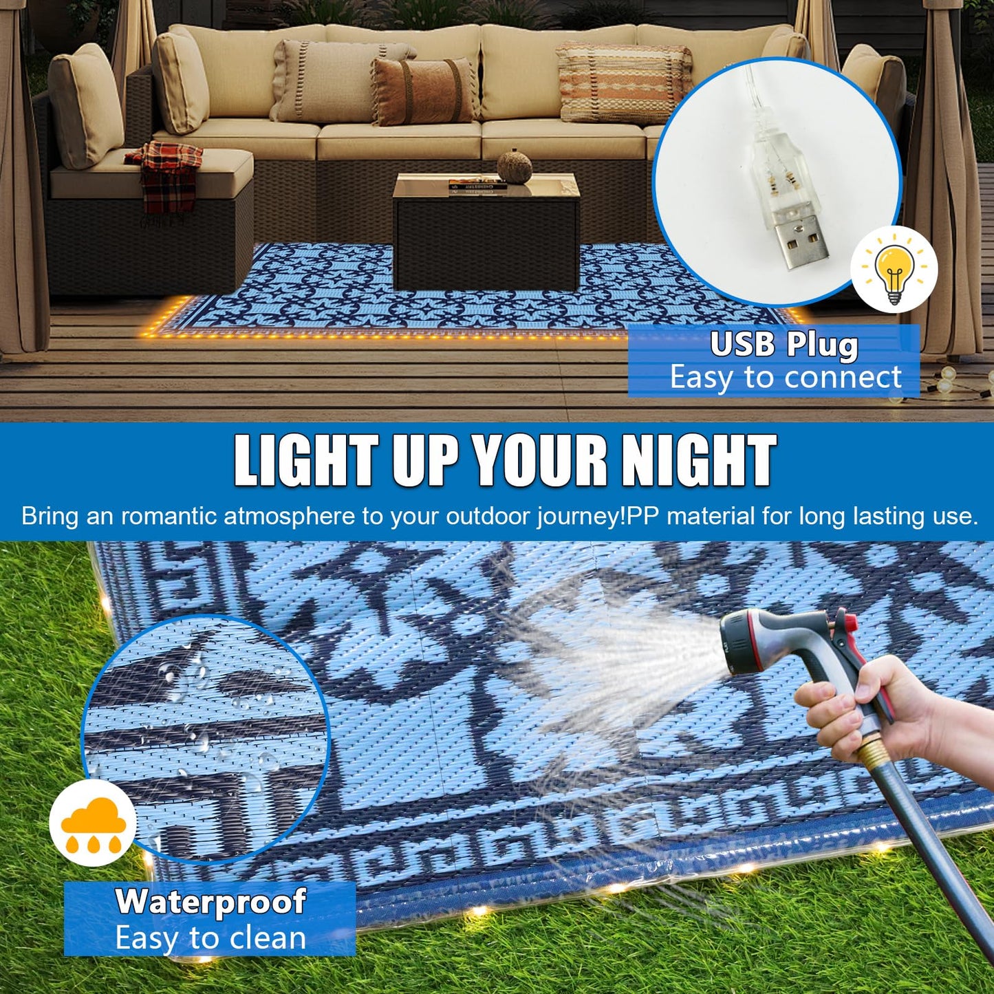 TIPHOPE 9X6 FT RV Outdoor Rugs with Led Light Strips,Foldable Camping Mat with Carry Bag Waterproof Reversible Mat RV Patio Mat Lightweight Large Floor Rug for RV Camping Picnic Patio-2 Year Warranty