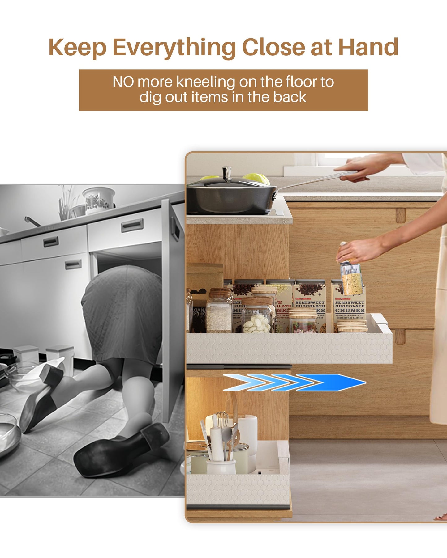 UMDONX 2 Pack Expandable Pull out Cabinet Storage Organizer Kitchen Cupboard Drawers, No Drill Adhesive Pantry Shelf Peel and Stick Sliding Rack(Durable Metal White Load 65LBS 21"Deep)