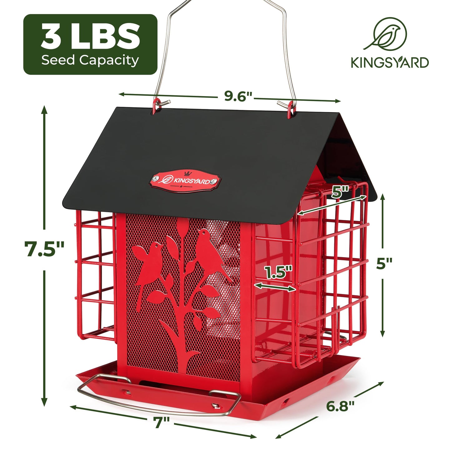 Kingsyard Bird Feeder for Outdoor Hanging, All Metal, Wild Bird Feeder with Double Suet Cages, Seeds Tray & Rainproof Roof, 3 LBS Large Capacity, Red