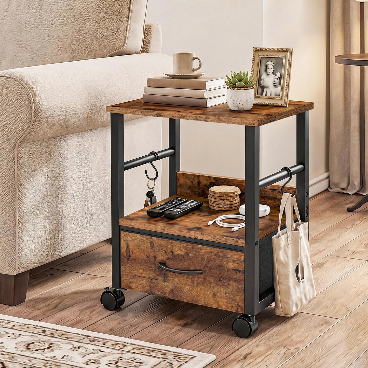 HOOBRO 2-Tier Printer Stand with Drawer, Under Desk Printer Table, Printer Cart with Storage, with Casters/Adjustable Feet, for Home Office, Study, Living Room, Rustic Brown and Black, BF20PS01