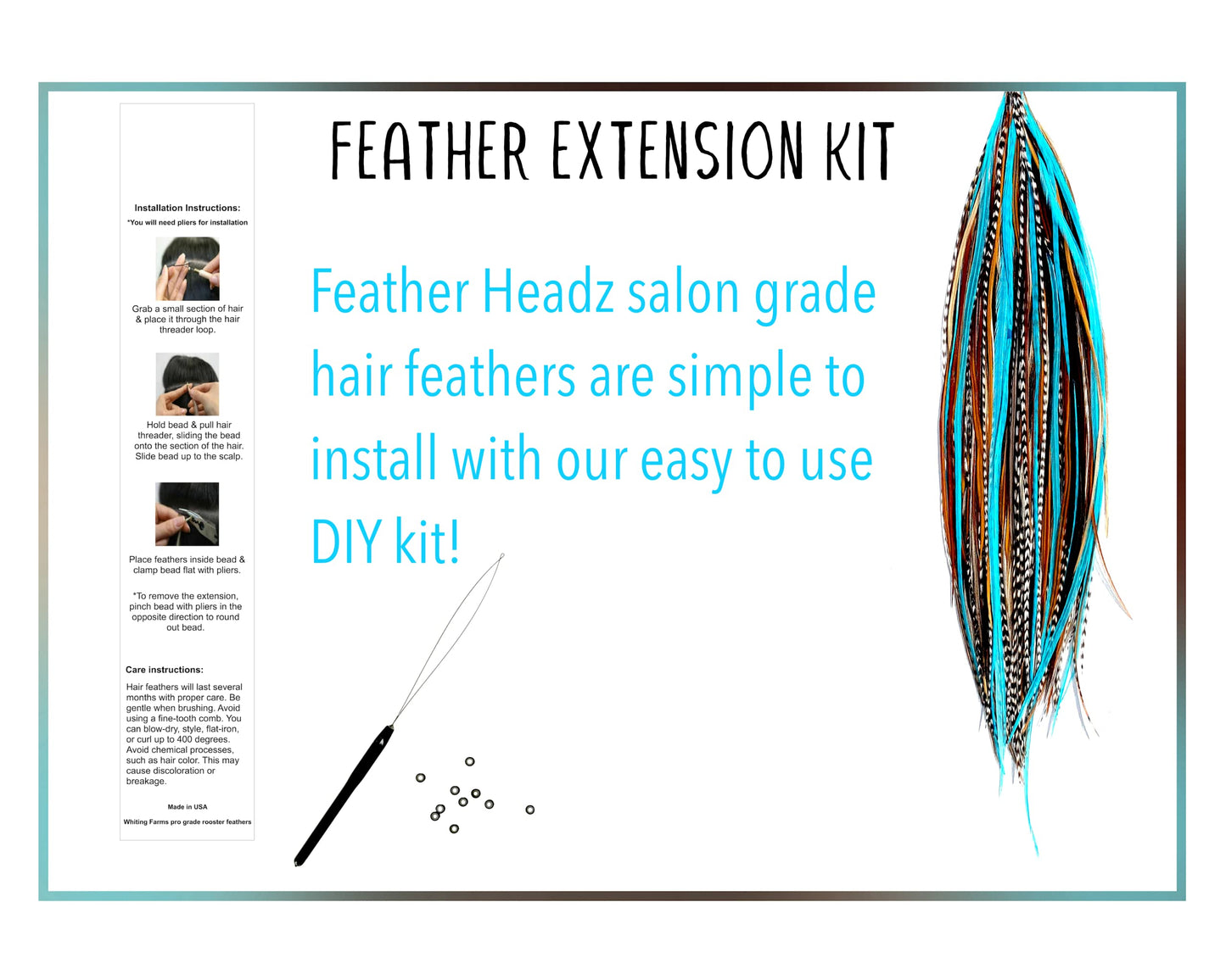 21 Natural & Turquoise Color Hair Extensions – 9”–14” Long – DIY Rooster Kit with 20 Micro-Link Beads – 100% Real Feathers – Eye-Catching Boho Style