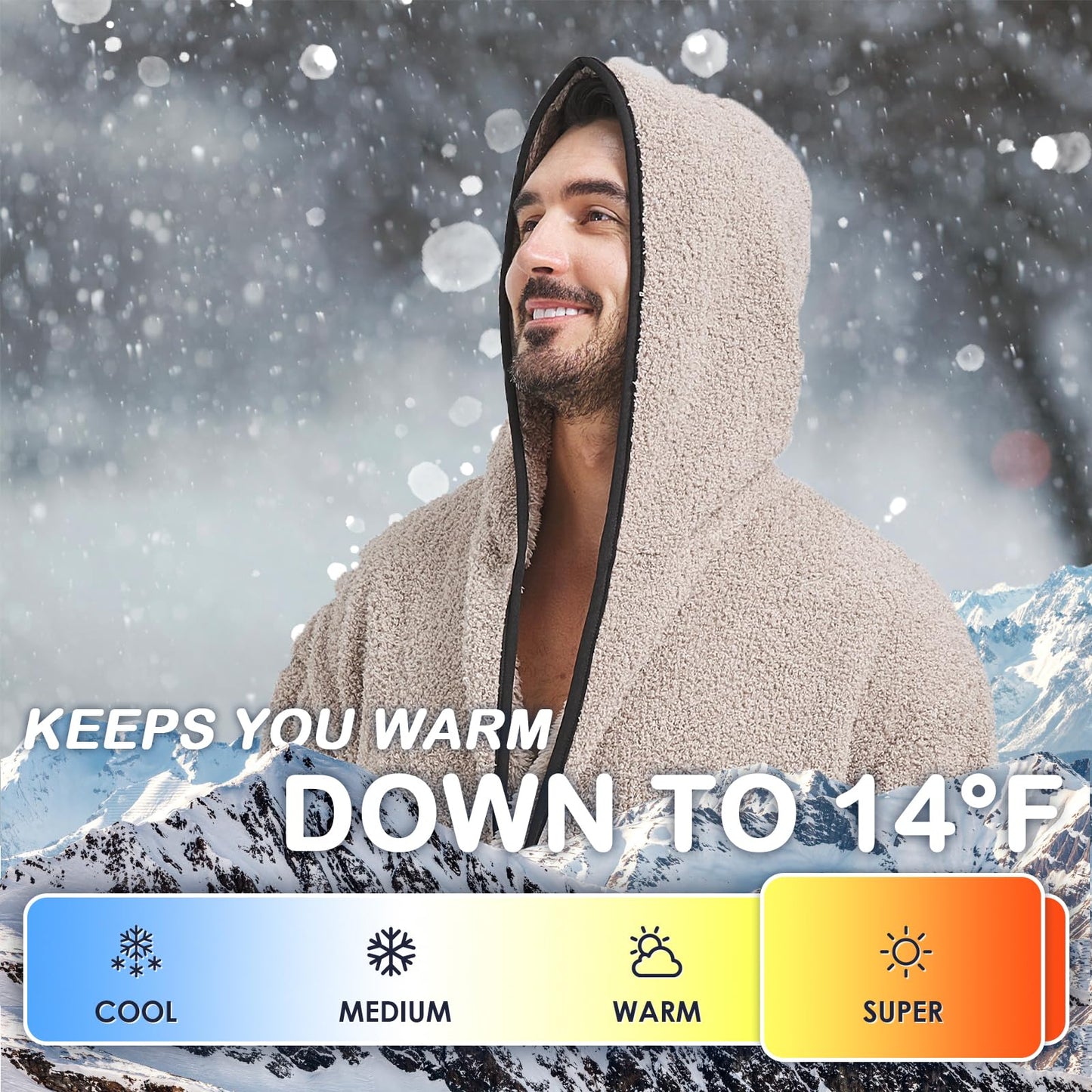 FashGudim 400g Mens Plush Robe with Hood Full Length Winter Long Luxury Hooded Bathrobe for Men Big and Tall, Taupe, 6X-Large-7X-Large Big Tall