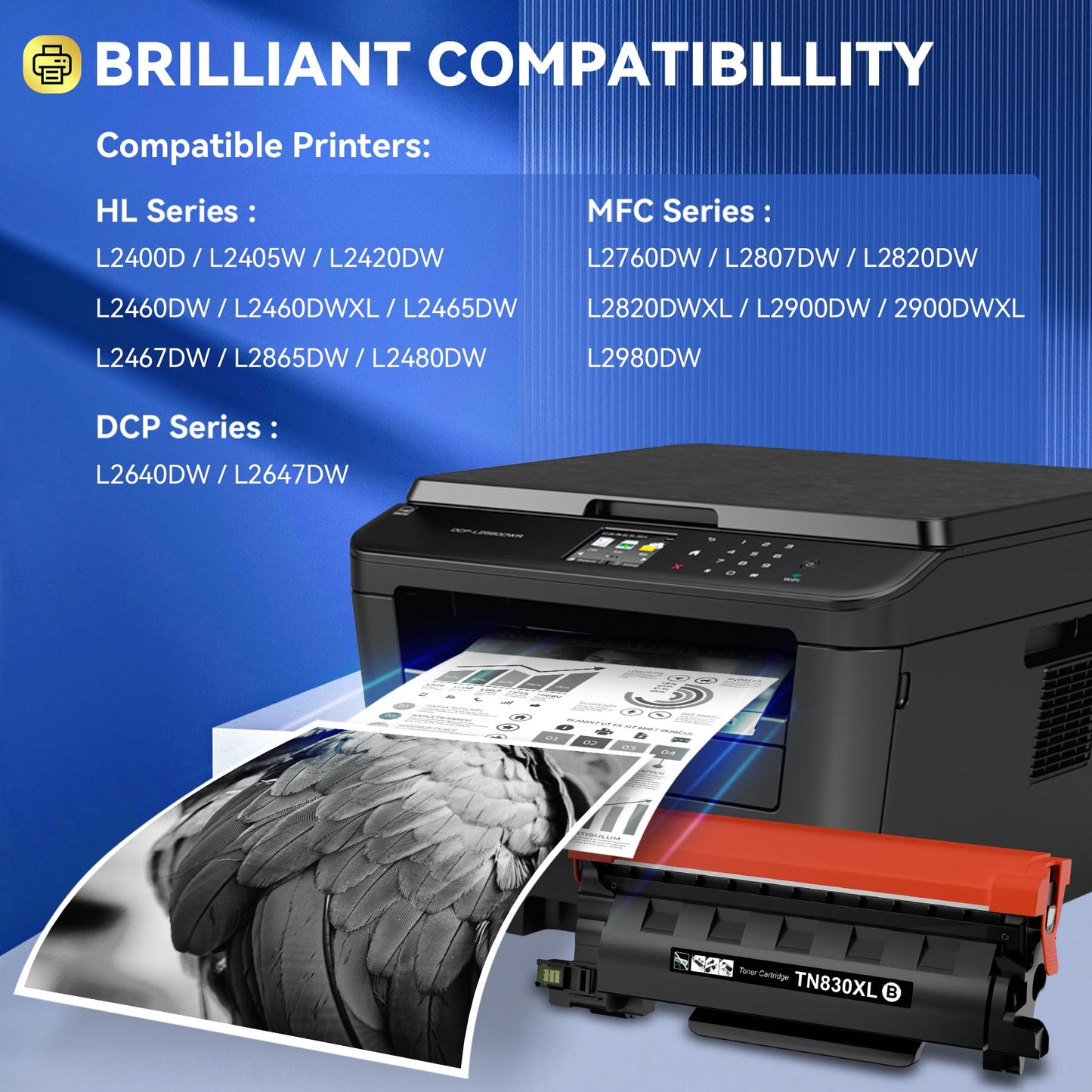 with Chip TN830XL Toner Cartridges Compatible Replacement for Brother TN830BK TN-830 XL Work with DCP-L2640DW HL-L2460DW MFC-L2820DW HL-L2400D HL-L2405W HL-L2865DW Printer Toner (2 Black)