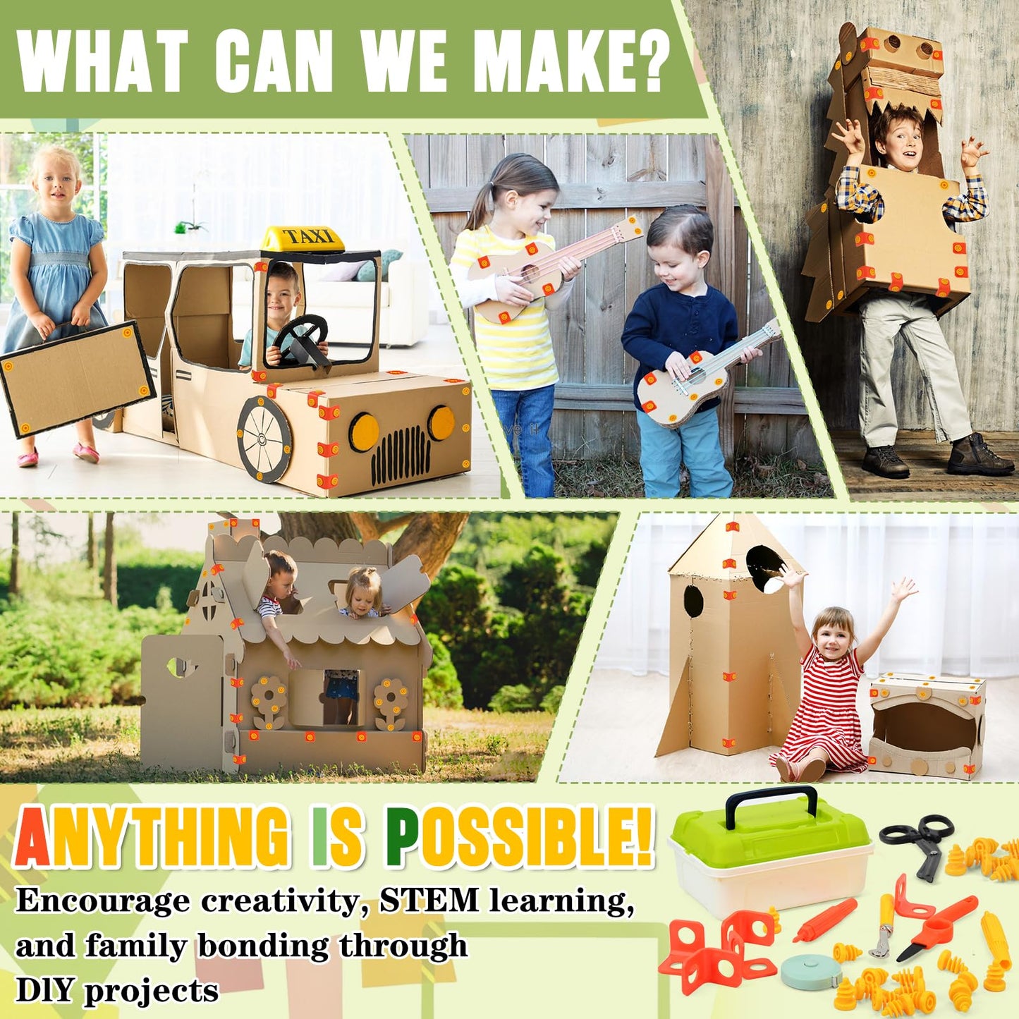 Cardboard Tools for Kids, 170 Pcs Kid Safe Cardboard Cutter with Box, Construction Kit for Family, Classroom Learning, STEM Educational Toys Birthday Gift for Boys and Girls Aged 4+