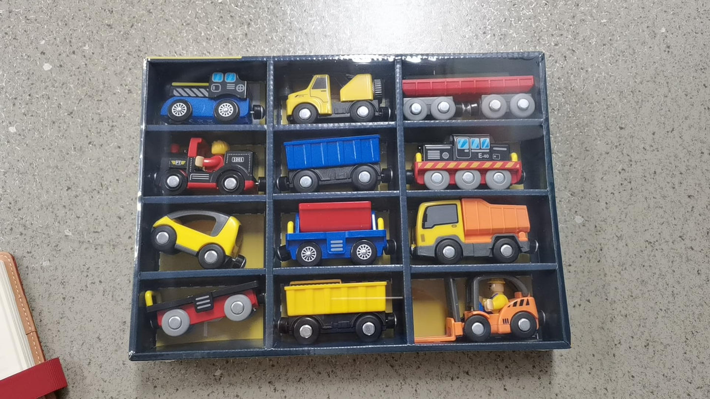 Giant bean 12PCS Vehicles Battery Operated Train Car Set, Magnetic Mini Construction Set for Wooden Train Track, Bulk Car Toys for Toddlers Age 3 4 5 Boys Girls Kids, Fits Most Brands