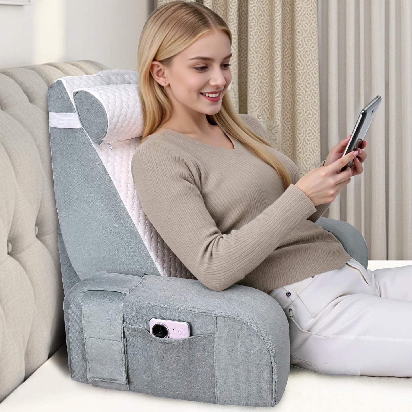 Babenest Reading Pillow for Sitting in Bed Adult, Back Support Pillow with Detachable Headrest & Armrests for Watching TV on Couch or Floor, Bed Chair Backrest Pillow for Working/Gaming/Relaxing