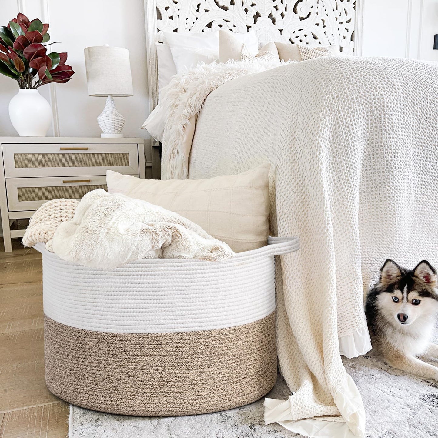 INDRESSME Woven Laundry Basket, 21.7'' x 13.8'' Large Rope Blanket Basket Living Room, Woven Baskets for Dirty Clothes, Pillows, Towel, 90L Light Brown