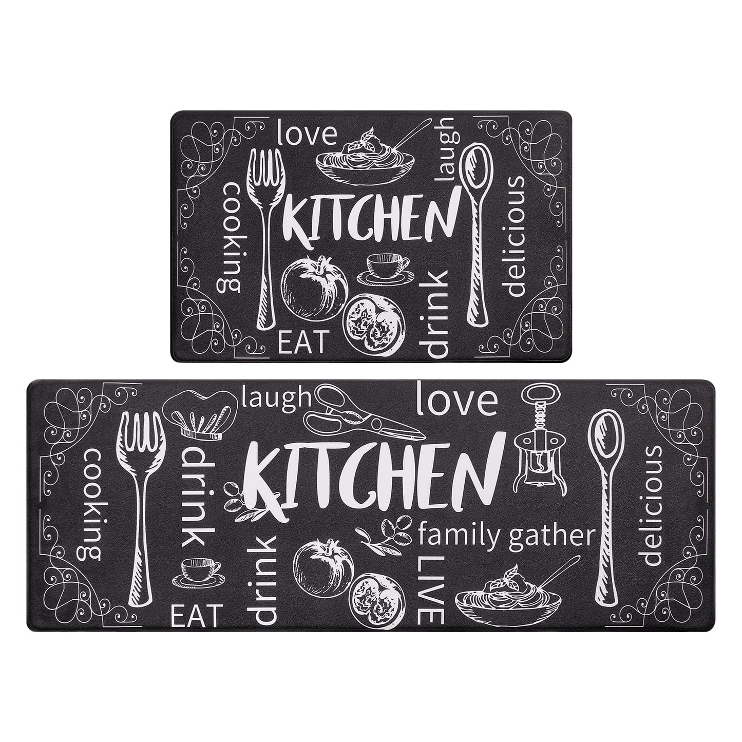 HEBE Anti Fatigue Kitchen Mat Set of 2 Non Slip Thick Cushioned Kitchen Rug Sets with Runner 17 inches x48 inches +17 inches x28 inches Heavy Duty Comfort Standing Mats Waterproof Kitchen Carpet