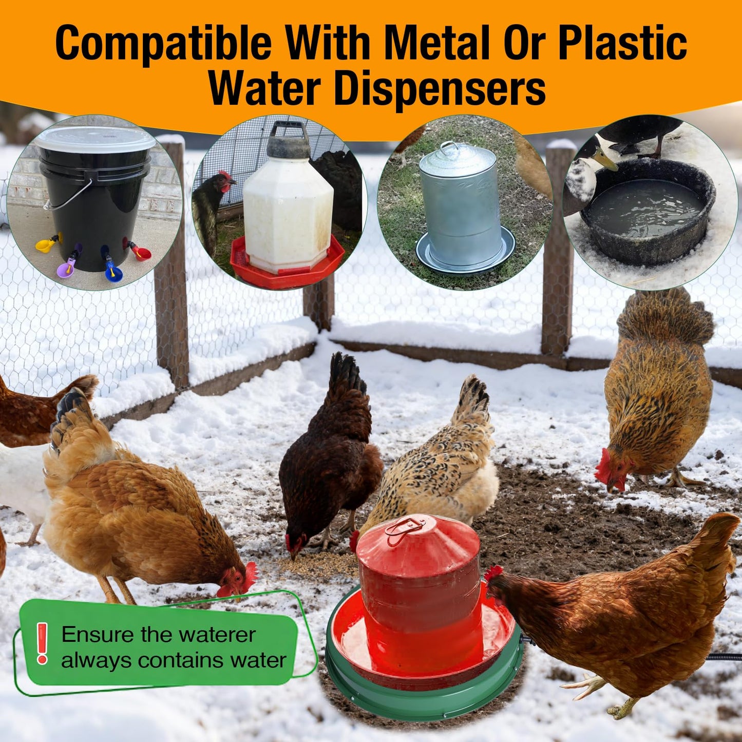 Chicken Water Heater for Winter, 125W Poultry Waterer Heated Base 31.4cm / 12.4in, Freeze-Proof Thermostat Deicer for Metal or Plastic Chicken Drinkers 1–5 Gallon (Green, 2 Pack)