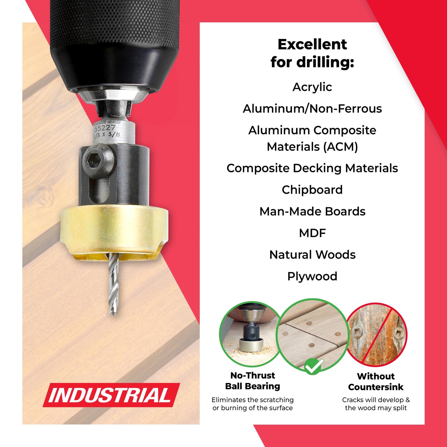 Amana Tool 55227 Carbide Tipped 82 Degree Countersink Set with Adjustable Drill Bit Depth Stop and No-Thrust Ball Bearing 3/8 Dia x 1/8 Drill Dia x 1/4 Inch Quick Release Hex Shank