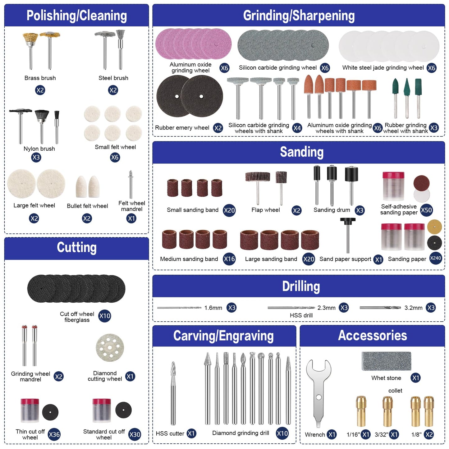 HARDELL Rotary Tool Accessories, Fits Dremel Rotary Tools, 508PCS Power Rotary Tool Bits with 1/8"(3.2mm) Diameter Shanks, Universal Fitment for Sanding, Drilling, Polishing, Carving, Cleaning