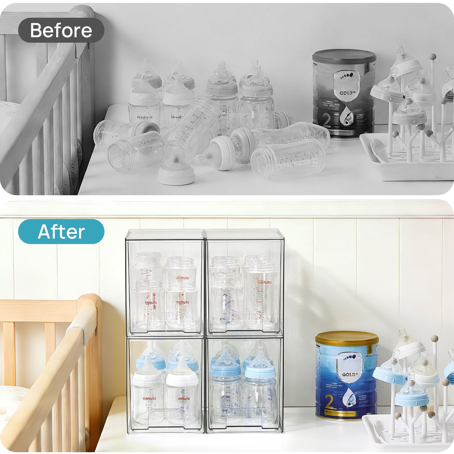 Vtopmart 4 Pack Clear Stackable Storage Drawers,7.6" H Plastic Organizers Bins for Skincare, Bathroom Supplies,Ideal for Cabinet,Under sink,Vanity,Kitchen,Pantry Organization
