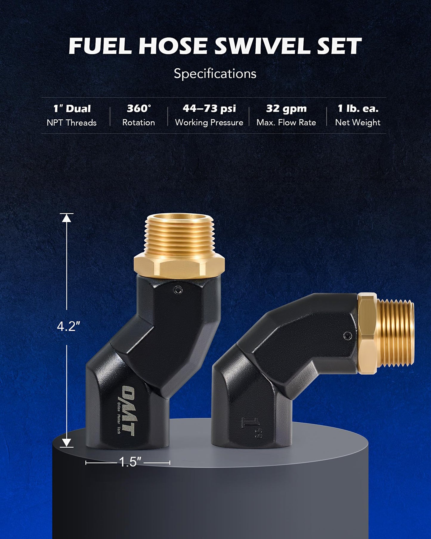 Orion Motor Tech 1" NPT Fuel Hose Nozzle Connectors, Fuel Transfer Nozzle Swivel Set of 2, Multi Plane 360 Rotating Fuel Tank Connectors, Powder Coated Fuel Hose Nozzle Adapter for Gas Diesel Kerosene
