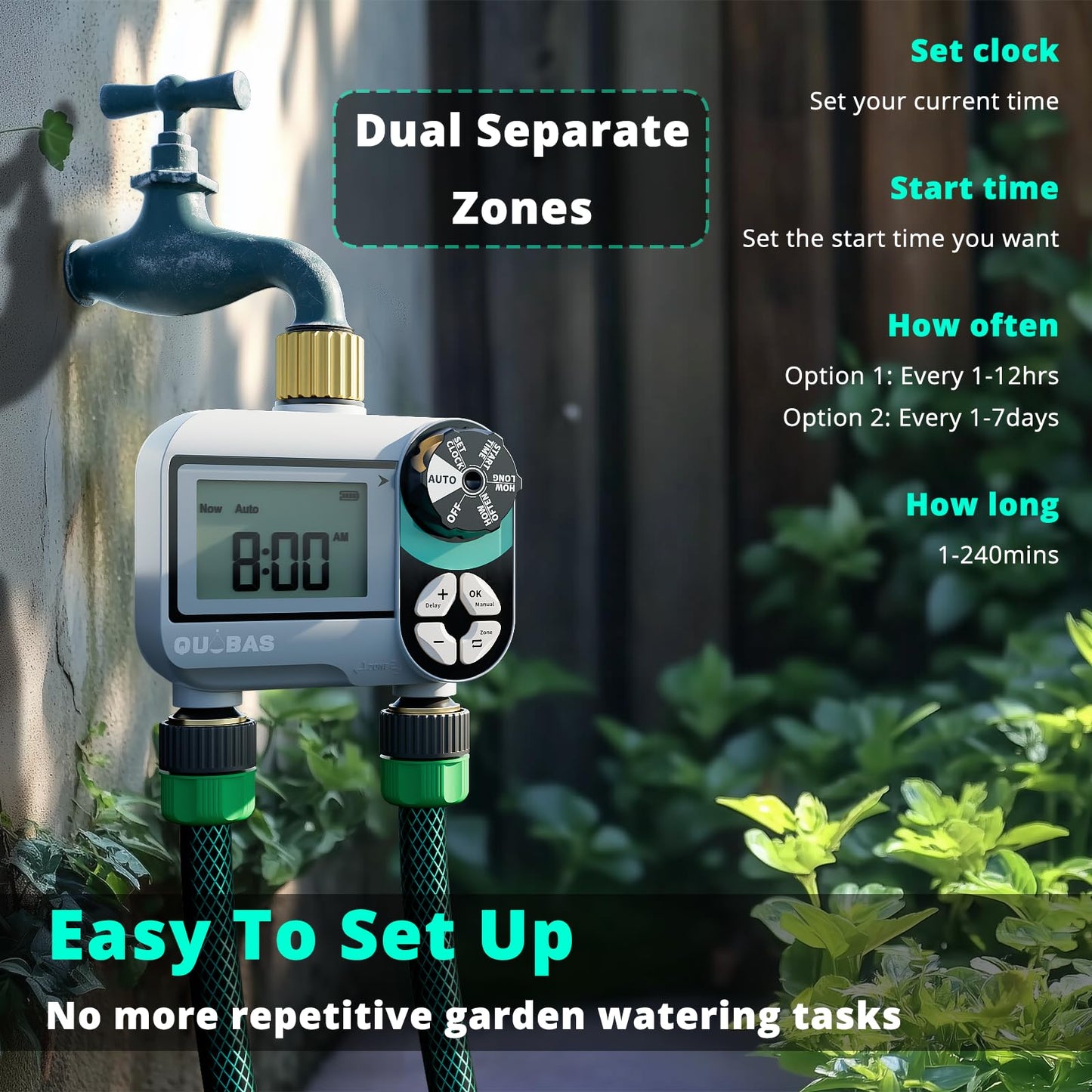QUOBAS 2 Zone Sprinkler Timer, Programmable Hose Timer with Brass Inlet & Outlet, Water Timer for Garden Hose with Rain Delay/Manual Watering/Automatic Irrigation Controller System for Yard, Lawn