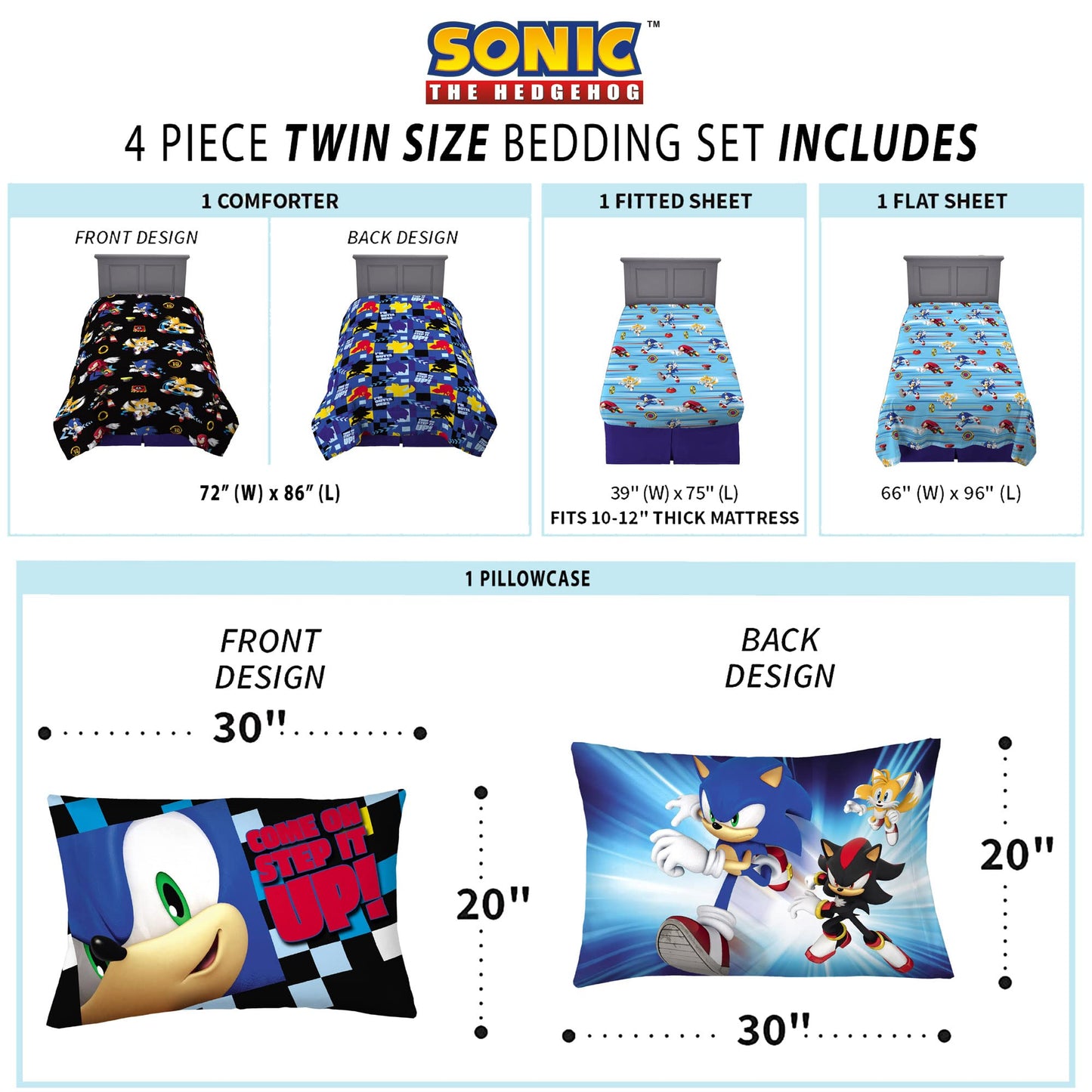 Sonic The Hedgehog Anime Kids Super Soft Comforter and Sheet Set, 5 Piece Twin Size by Franco