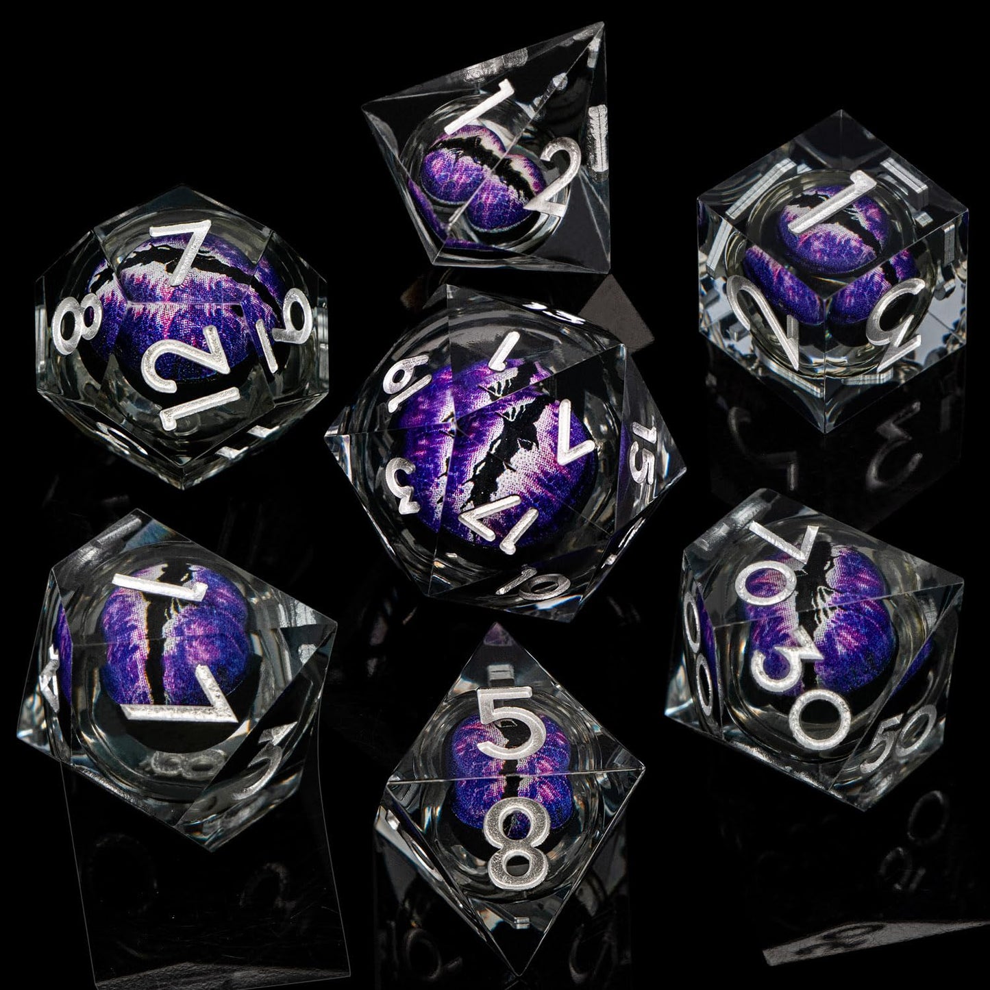 ARUOHHA DND Resin Dice Dragons Eye Dice Liquid Core Purple Sharp Edged Dice Set with Gift Box, Dungeons Polyhedral D and D Dice Set Compatible with D&D Role Playing Game D20 D12 D10 D8 D6