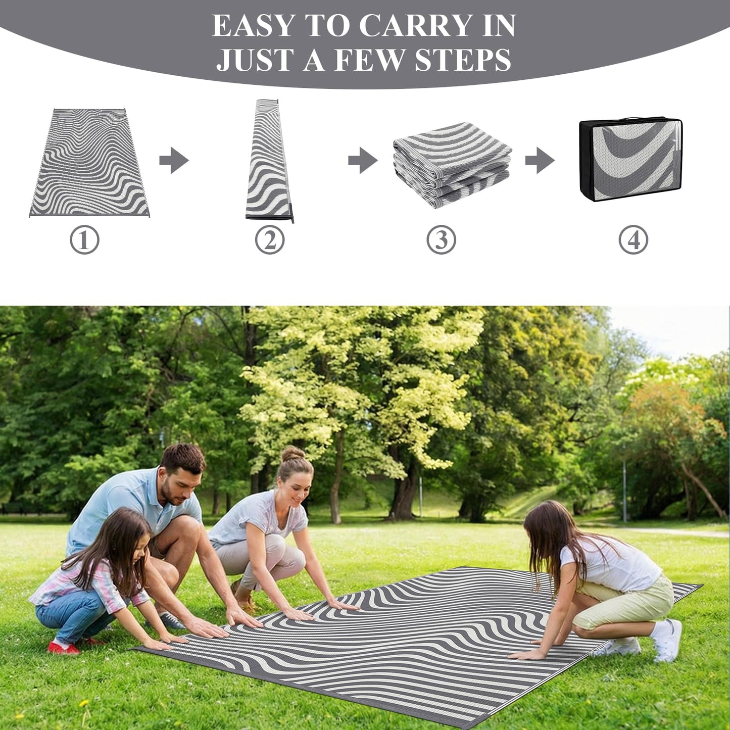 Vaukki Outdoor Patio Rug 8x10, Waterproof Woven Plastic Straw Camping Area Mat, Grey RV Striped Outside Reversible Carpet Clearance for Porch Backyard Deck Balcony