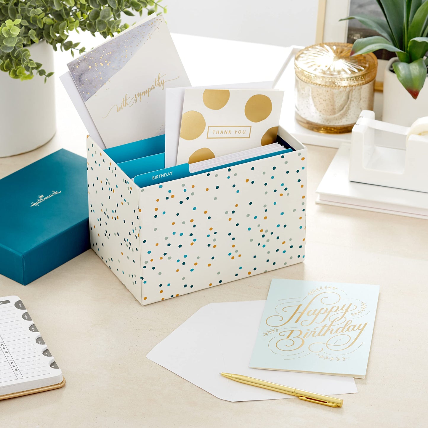 Hallmark All Occasion Cards Assortment—48 Cards and Envelopes with Card Organizer Box (Polka Dots)