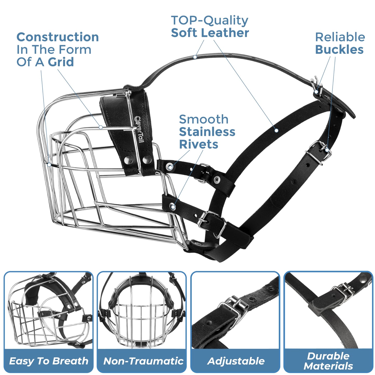 CleverTail XL Metal Dog Muzzle for Large Sized Dogs – Heavy Duty Rottweiler Muzzle – Basket Extra Large Dog Muzzles for Barking and Biting Cane Corso, Mastiff, Labrador, Bulldog and Other Big Breeds
