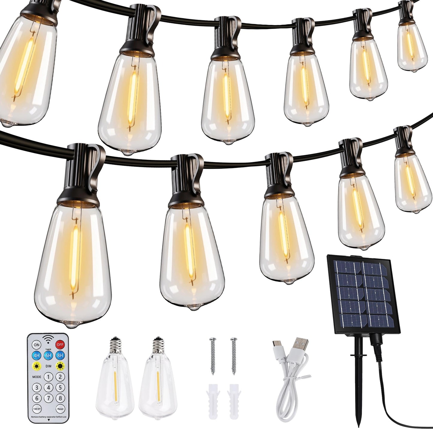 Lomotech Solar String Lights Outdoor Waterproof, 50FT 17+2 LED Shatterproof ST38 Bulbs, Solar String Lights with Remote & Timer, USB & Solar Powered Patio Lights for Outside Backyard Garden Porch