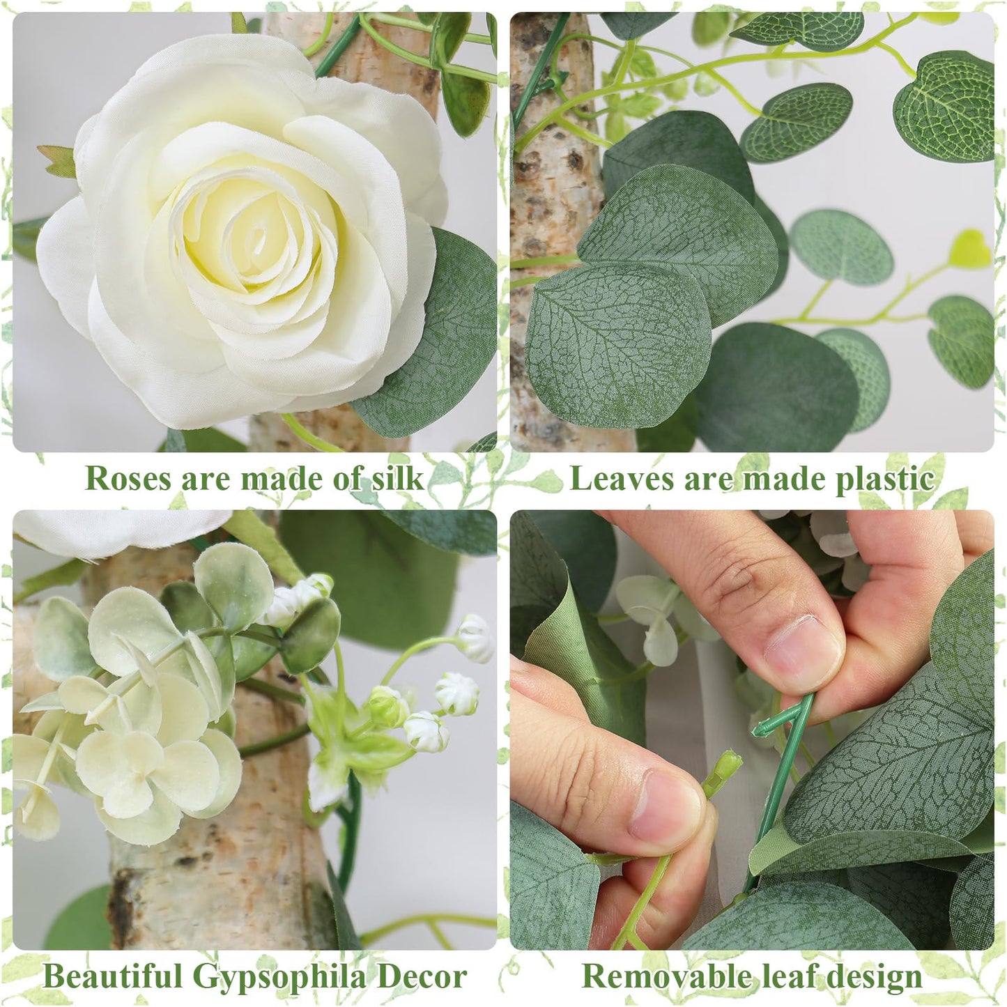 TOCHGREEN 4Pcs(26 Ft) Artificial Eucalyptus Flower Garland with White Rose Flowers,Faux Rose Vine Gypsophila Garland,Floral Garland Greenery Garland for Party Wedding Table Decor (White, 4PCS)