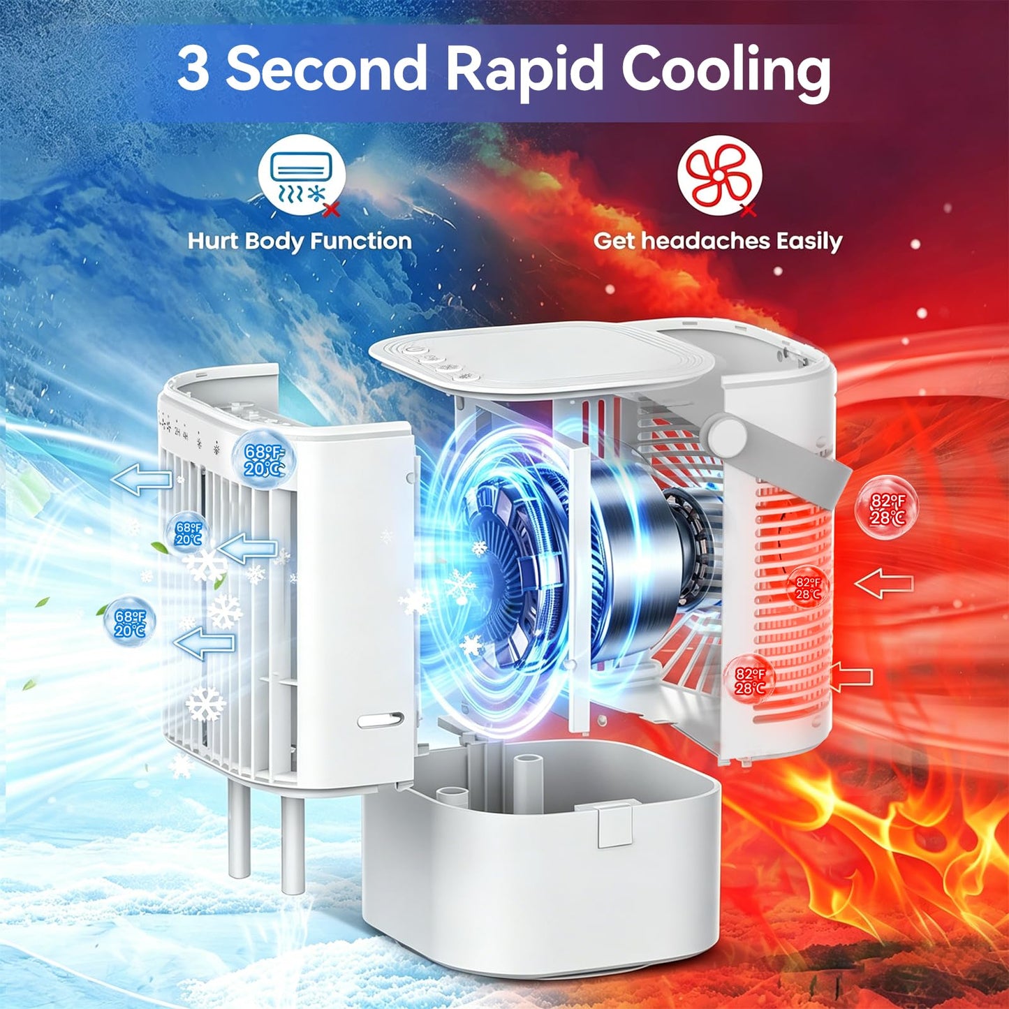 Portable Air Conditioner, 4-in-1 Mini Small Air Conditioner Evaporative Air Cooler Fan with 1000ml Water Tank, 3 Speeds & 7 LED Lights, Personal Mini AC with Timer for Bedroom, Desktop, Home, Office