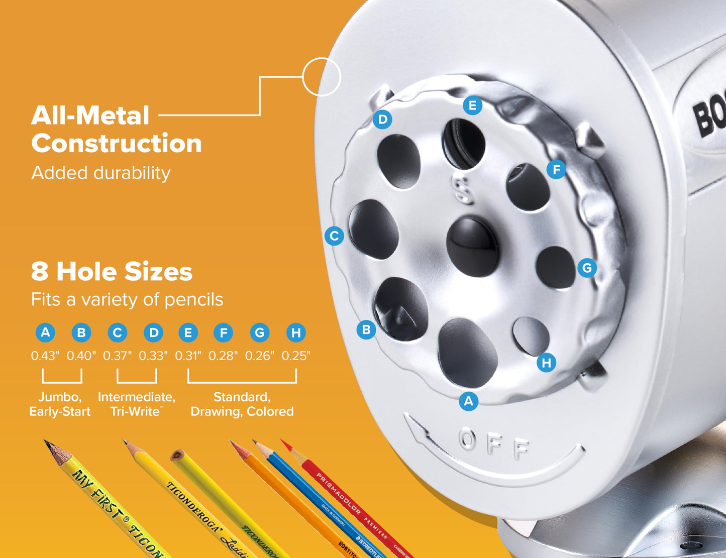 Bostitch Office Wall Mount Manual Pencil Sharpener, Tip Saver, 8 Hole Dial, 6X Longer Cutter Life, Vertical or Horizontal Mounting, Silver
