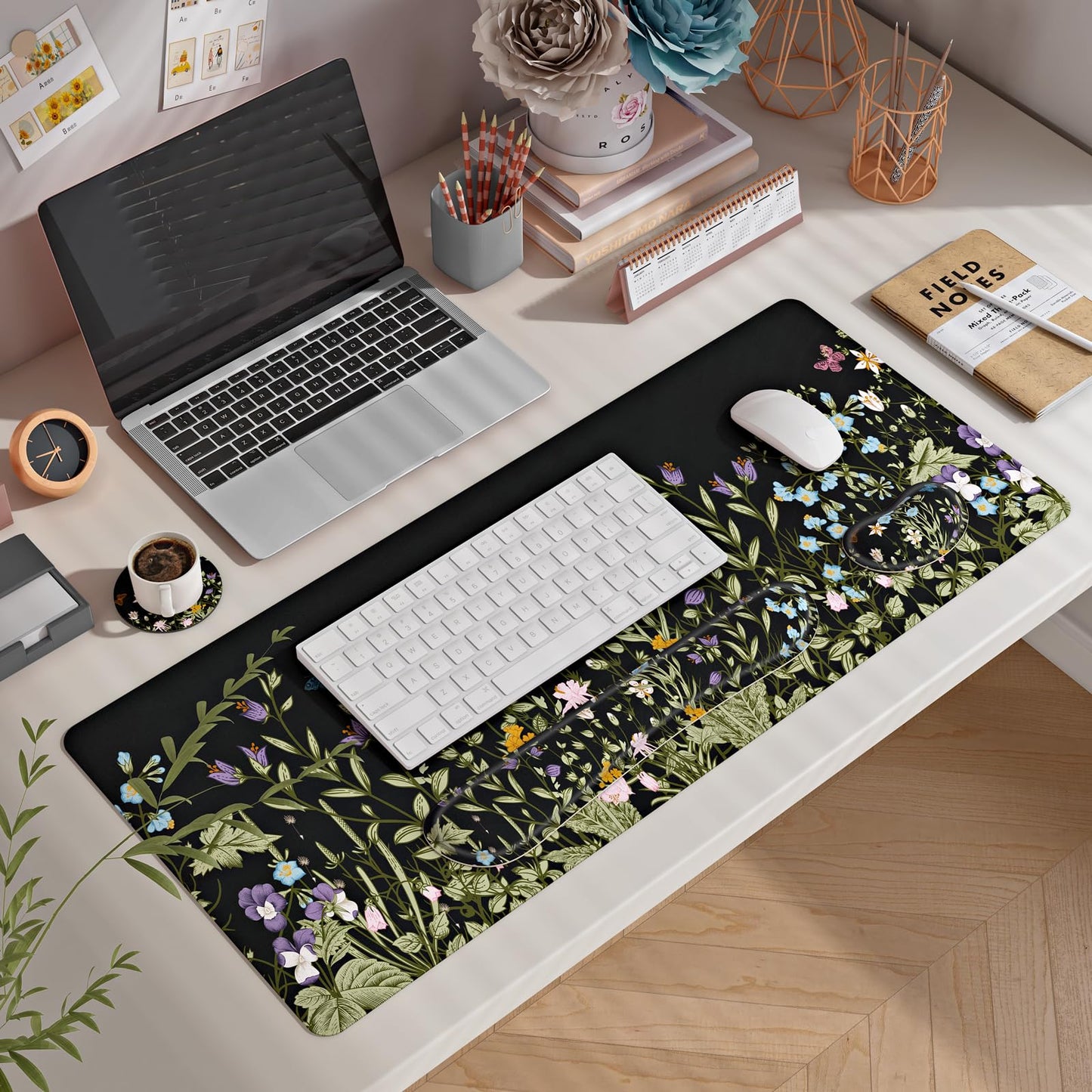 4 in 1 Extended Mouse Pad Set with Memory Foam Keyboard Wrist Rest, Mouse Wrist Cushion & Cute Coaster, Ergonomic Large Desk Pad for Home Office & Gaming (Wild Flowers)