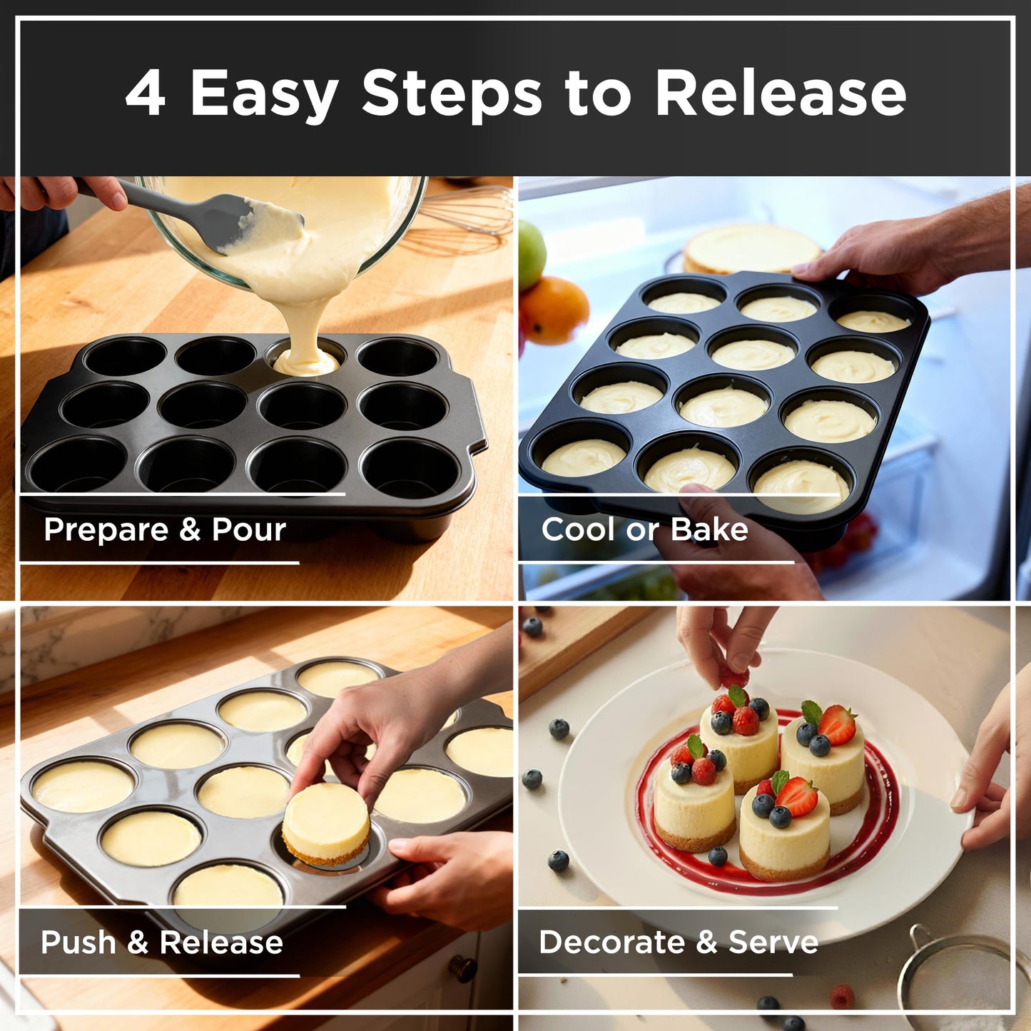 Wrenbury Mini Cheesecake Mould with Loose Base - Non-Stick Carbon Steel Tart Moulds PFOA-Free - Cake Mould Oven Safe up to 230°C - for Cheesecake, Muffins & Tartlets
