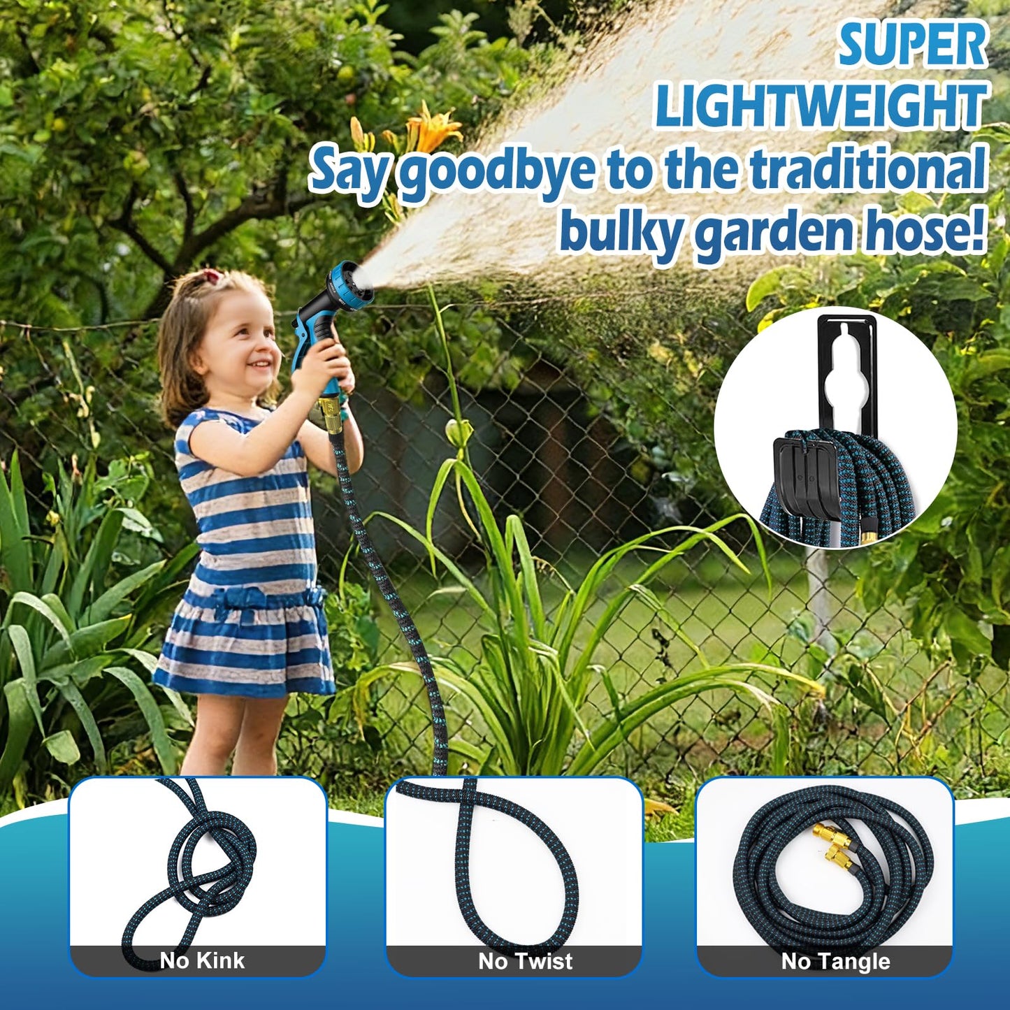 Expandable Garden Hose 100FT, Lightweight Water Hose with 10 Function Nozzle & 3/4" Solid Brass Fittings,Kink Free Retractable Collapsible Flexible Gardening Hose Pipe with Hook and Storage Bag,Blue
