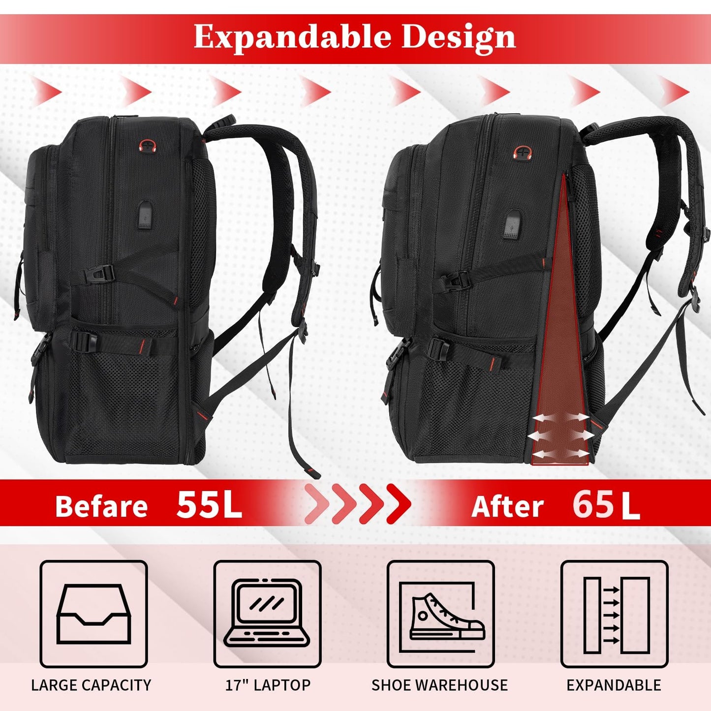 Travel Backpack for Men Women, Expandable 55L Business Laptops Backpacks Water Resistant Carry on Luggage Backpack Gym Sport Bag with Shoes Compartment for College Hiking Camping Fits 17 Inch Computer