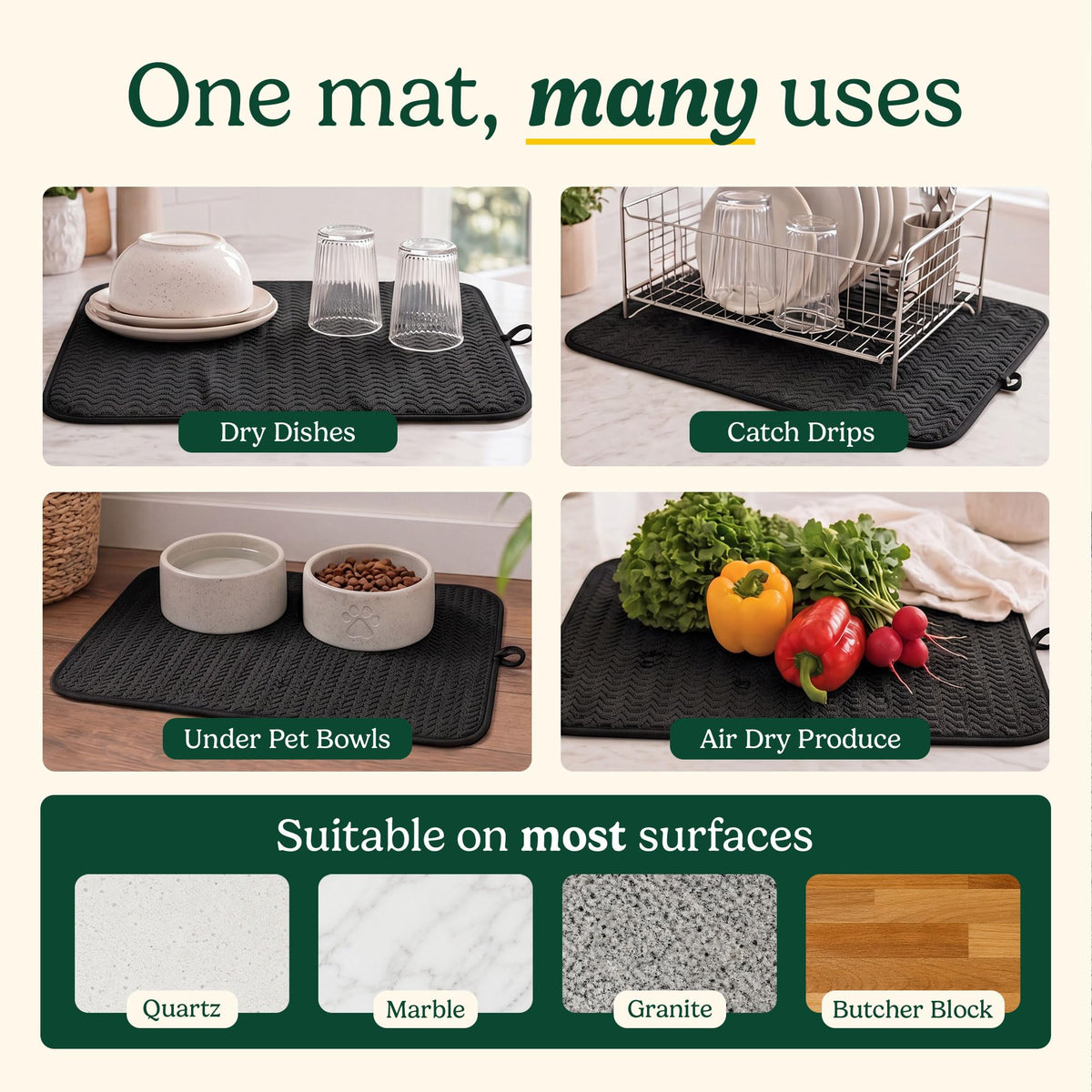 Cuisinart Dish Drying Mats for Kitchen Counter - (2) 18" x 24" Ultra Absorbent Dish Drying Mat XL - Foldable, Machine Washable, Fast Drying Dish Mat (Geostripe)
