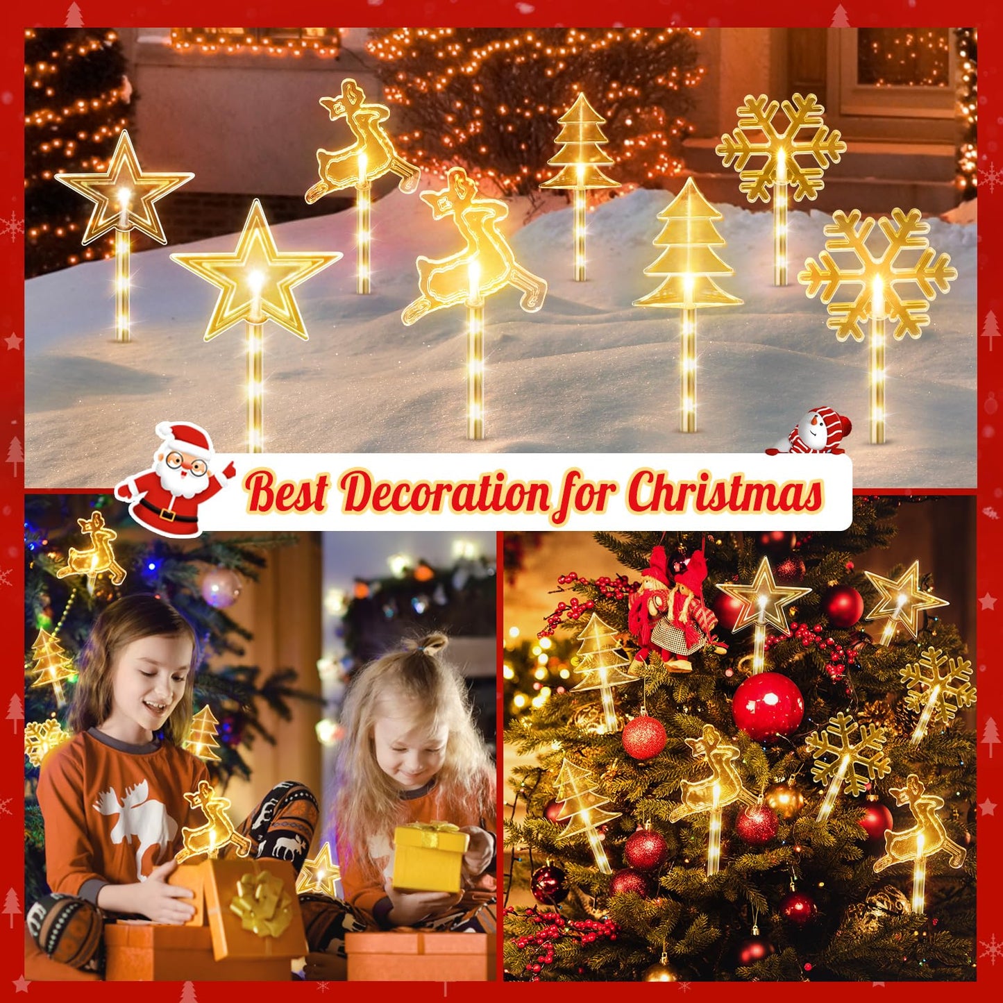 8 Pack Christmas Decorations Outdoor, 10 Modes Solar Christmas Pathway Lights Outdoor Waterproof with USB Charge, Solar Christmas Garden Stake Warm Lights for Christmas Decorations Yard